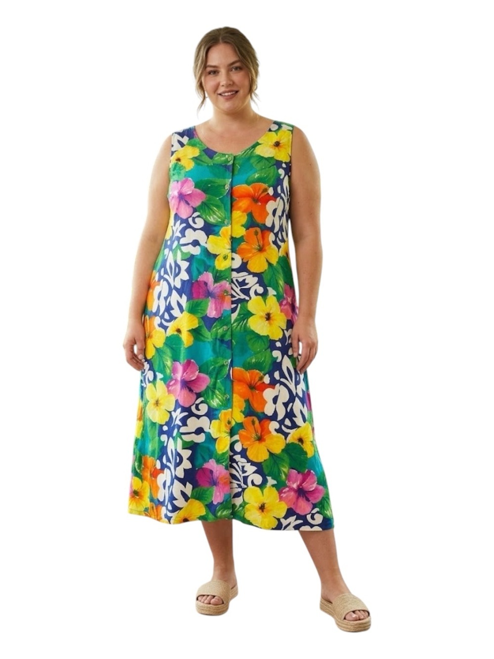 Vintage Jams World Hawaiian Hibiscus Midi Dress, Large